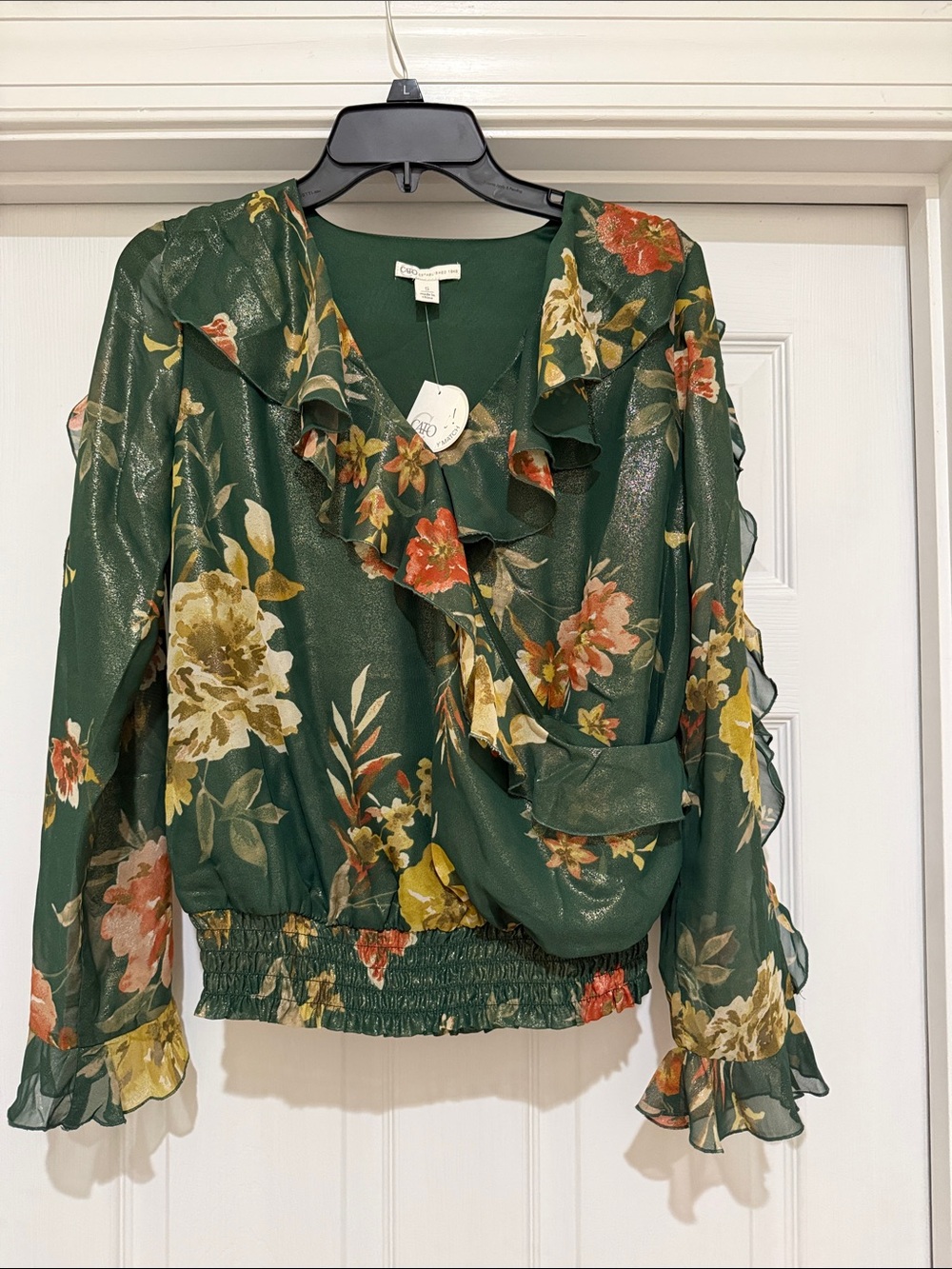 Cato Green Floral Ruffle Wrap Top